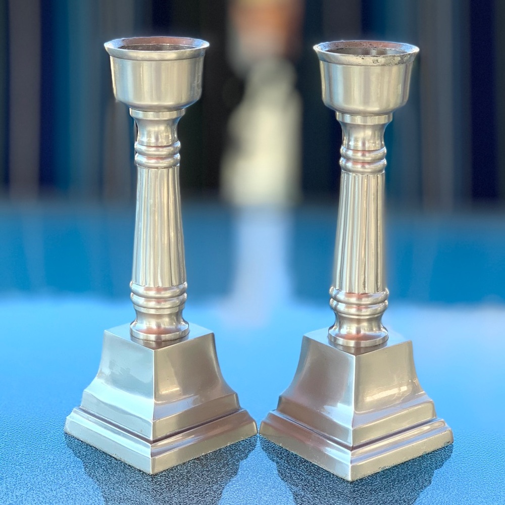 Sturdy Silver Tone Metal Candlesticks ~ Set of 2